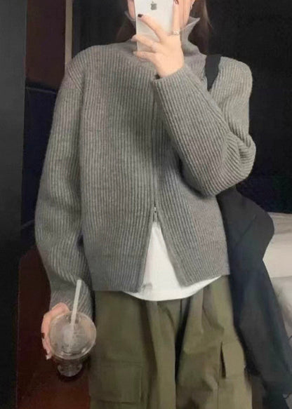 Grey Zippered Solid Cotton Coat Turtleneck Spring