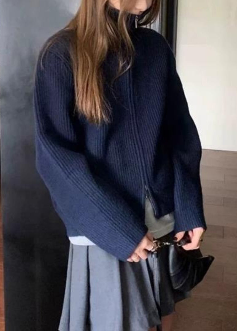 Grey Zippered Solid Cotton Coat Turtleneck Spring