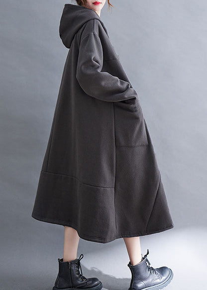 Grau asymmetrische design Warme Fleece Lange Kleider Mit Kapuze