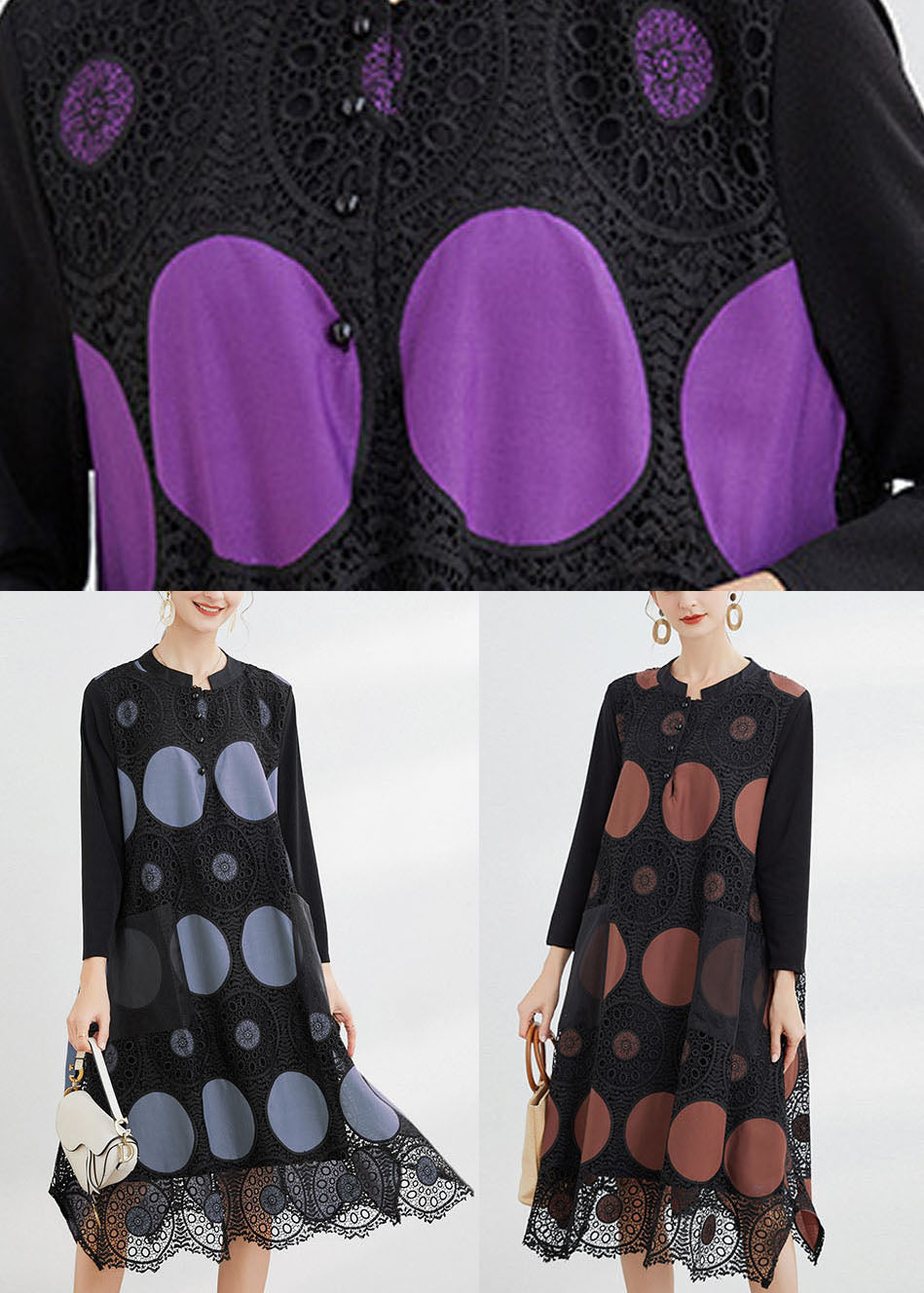 Graue Mode Hollow Out Lace Kleider V-Ausschnitt Frühling