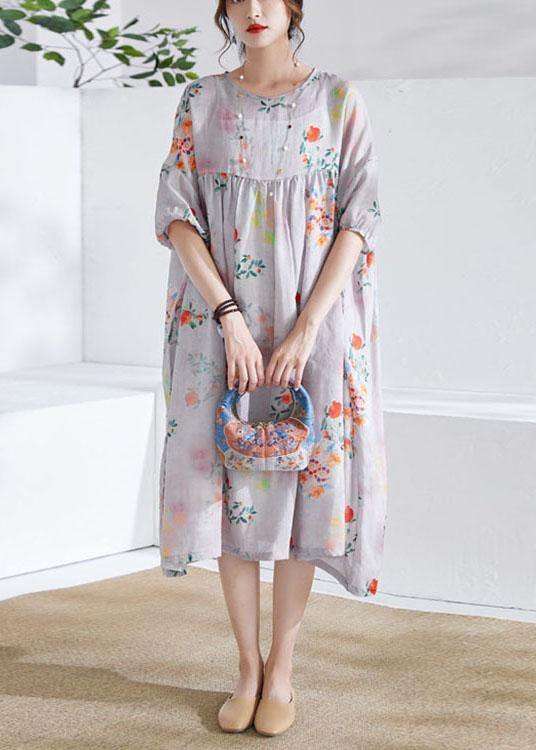 Grey lantern Sleeve Patchwork Print Summer Ramie Party Dress Half Sleeve - SooLinen