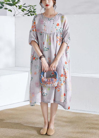 Grey lantern Sleeve Patchwork Print Summer Ramie Party Dress Half Sleeve - SooLinen