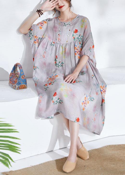 Grey lantern Sleeve Patchwork Print Summer Ramie Party Dress Half Sleeve - SooLinen
