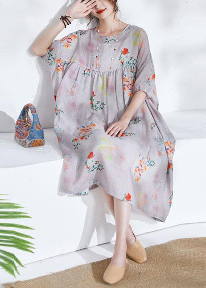 Grey lantern Sleeve Patchwork Print Summer Ramie Party Dress Half Sleeve - SooLinen