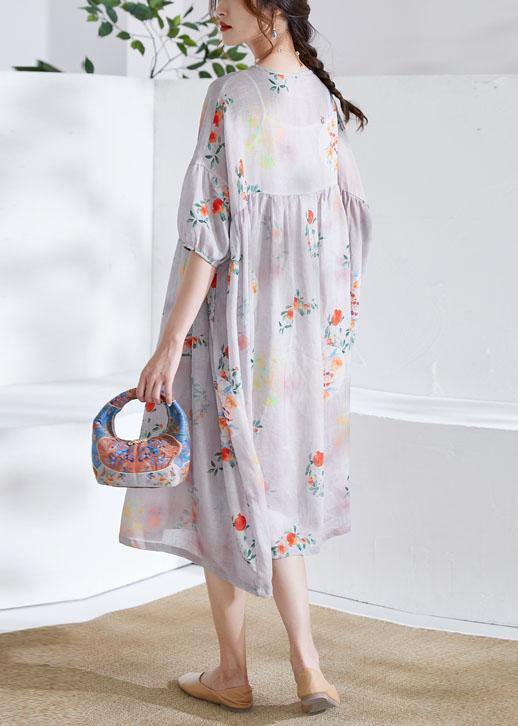 Grey lantern Sleeve Patchwork Print Summer Ramie Party Dress Half Sleeve - SooLinen