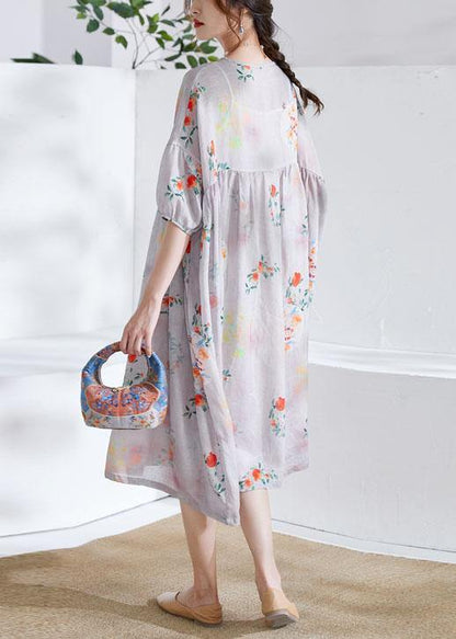 Grey lantern Sleeve Patchwork Print Summer Ramie Party Dress Half Sleeve - SooLinen