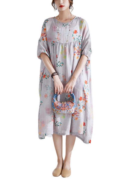 Grey lantern Sleeve Patchwork Print Summer Ramie Party Dress Half Sleeve - SooLinen