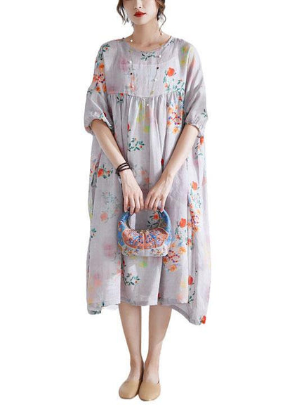 Grey lantern Sleeve Patchwork Print Summer Ramie Party Dress Half Sleeve - SooLinen