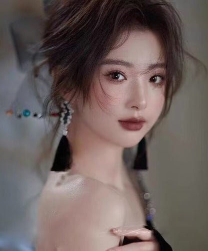 Pendientes colgantes con borlas de plata de ley negra hechos a mano