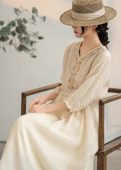 Handmade Apricot Embroidered Drawstring Linen Dress Summer