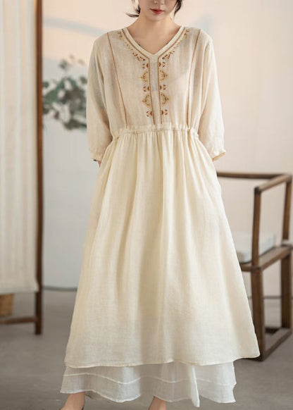 Handmade Apricot Embroidered Drawstring Linen Dress Summer
