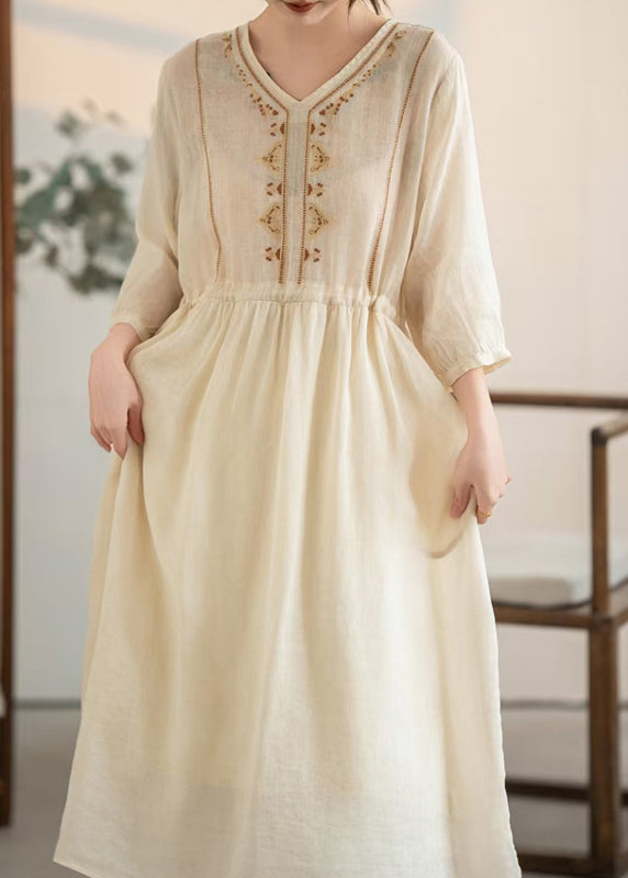 Handmade Apricot Embroidered Drawstring Linen Dress Summer