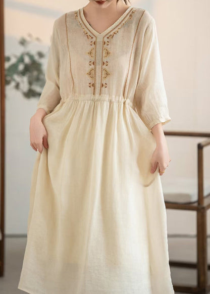Handmade Apricot Embroidered Drawstring Linen Dress Summer