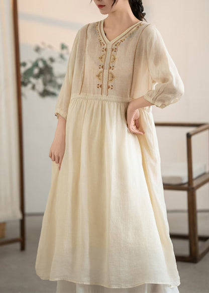 Handmade Apricot Embroidered Drawstring Linen Dress Summer