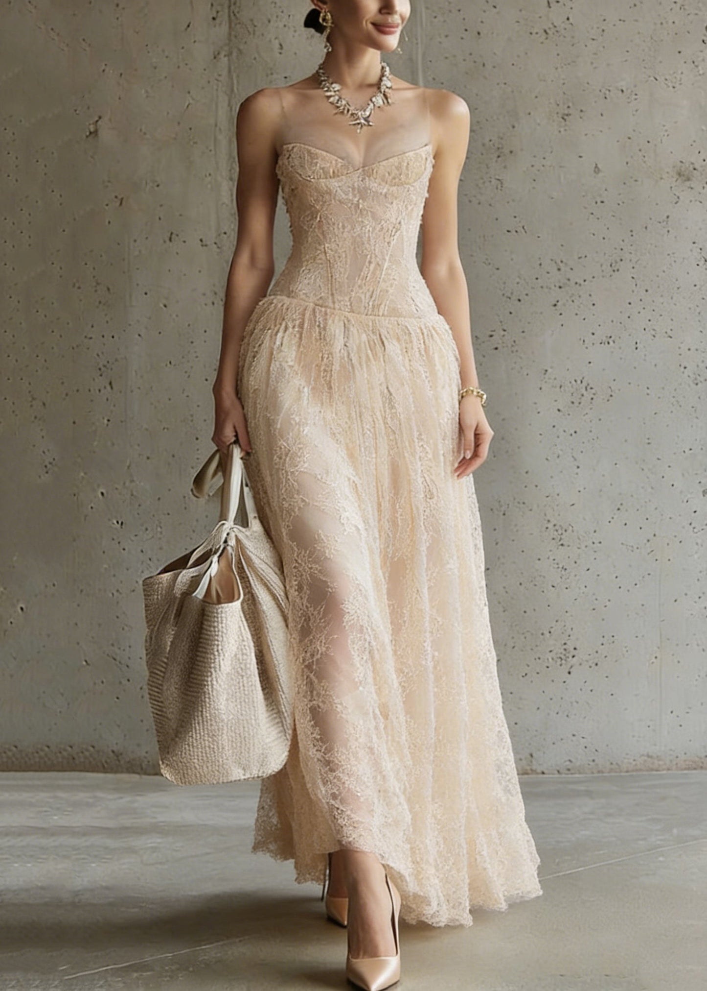 Handmade Apricot Embroidered Lace Spaghetti Strap Dress Sleeveless