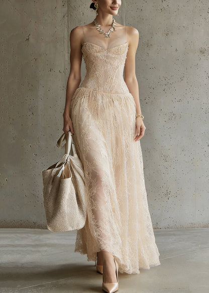 Handmade Apricot Embroidered Lace Spaghetti Strap Dress Sleeveless