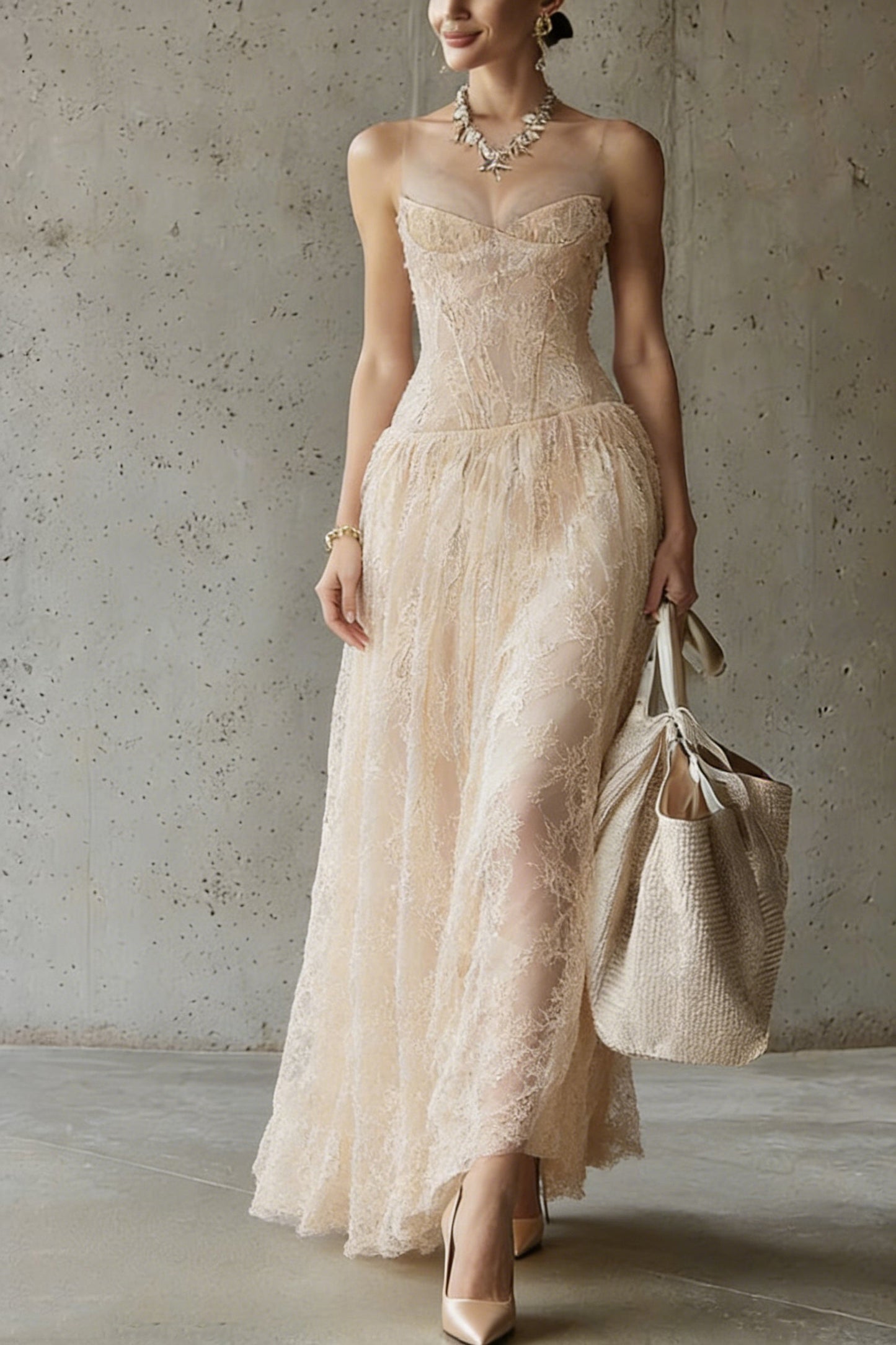 Handmade Apricot Embroidered Lace Spaghetti Strap Dress Sleeveless
