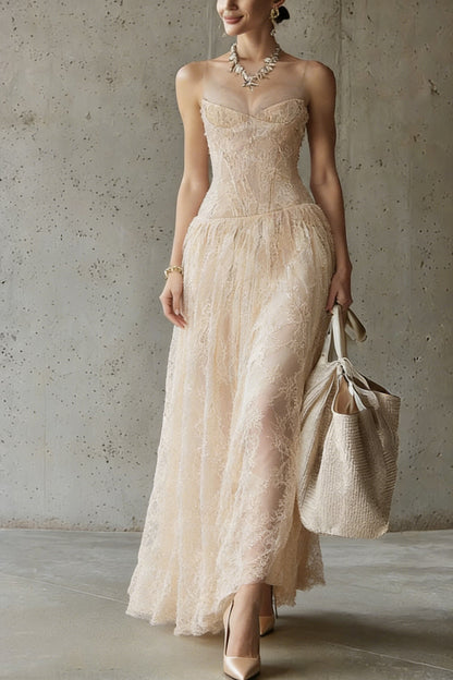 Handmade Apricot Embroidered Lace Spaghetti Strap Dress Sleeveless