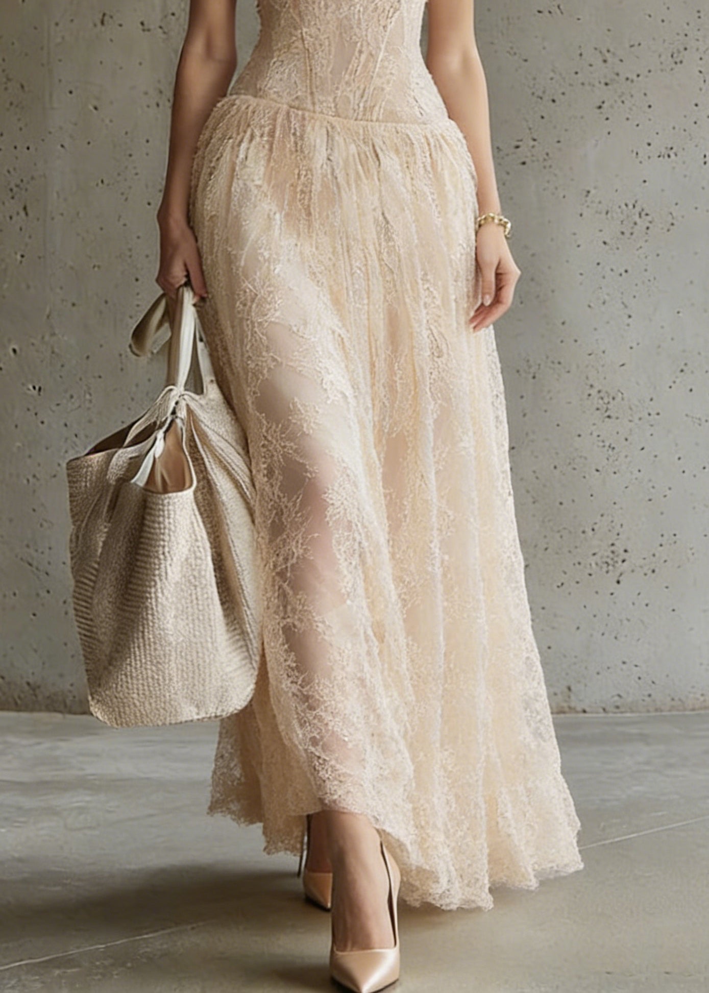 Handmade Apricot Embroidered Lace Spaghetti Strap Dress Sleeveless