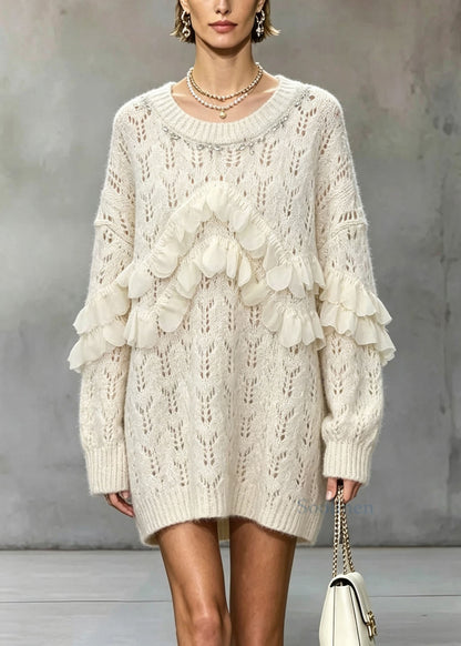 Handmade Apricot O Neck Ruffled Zircon Knit Sweaters Fall