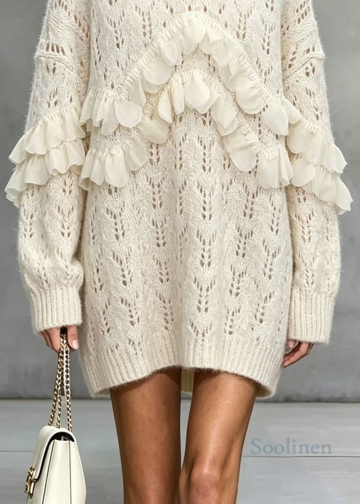 Handmade Apricot O Neck Ruffled Zircon Knit Sweaters Fall