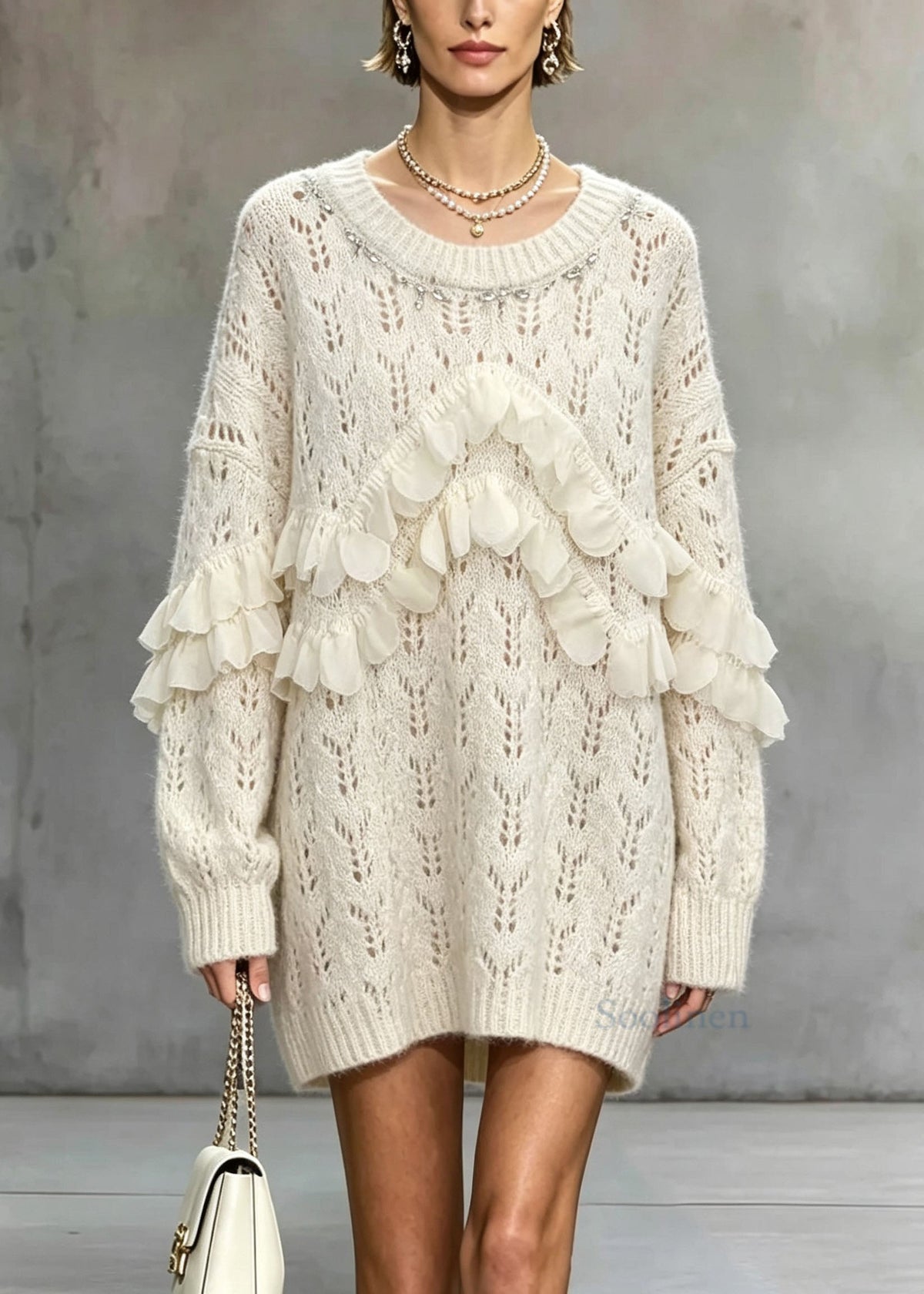 Handmade Apricot O Neck Ruffled Zircon Knit Sweaters Fall