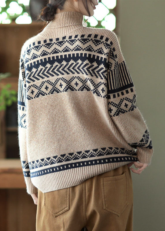 Handgemachte Apricot Rollkragen dicken Print Strick Pullover Frühling