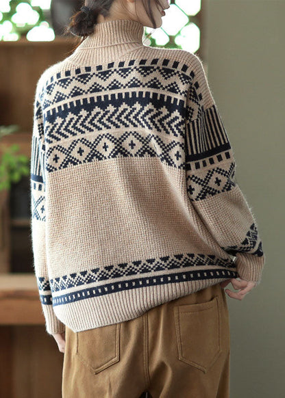 Handgemachte Apricot Rollkragen dicken Print Strick Pullover Frühling