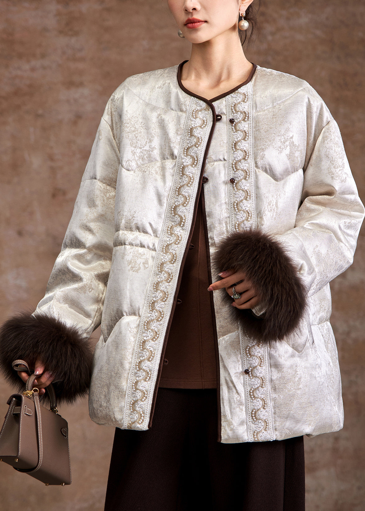 Handmade Beige Embroidered Nail Bead Fox Hair Duck Down Puffer Jacket Winter