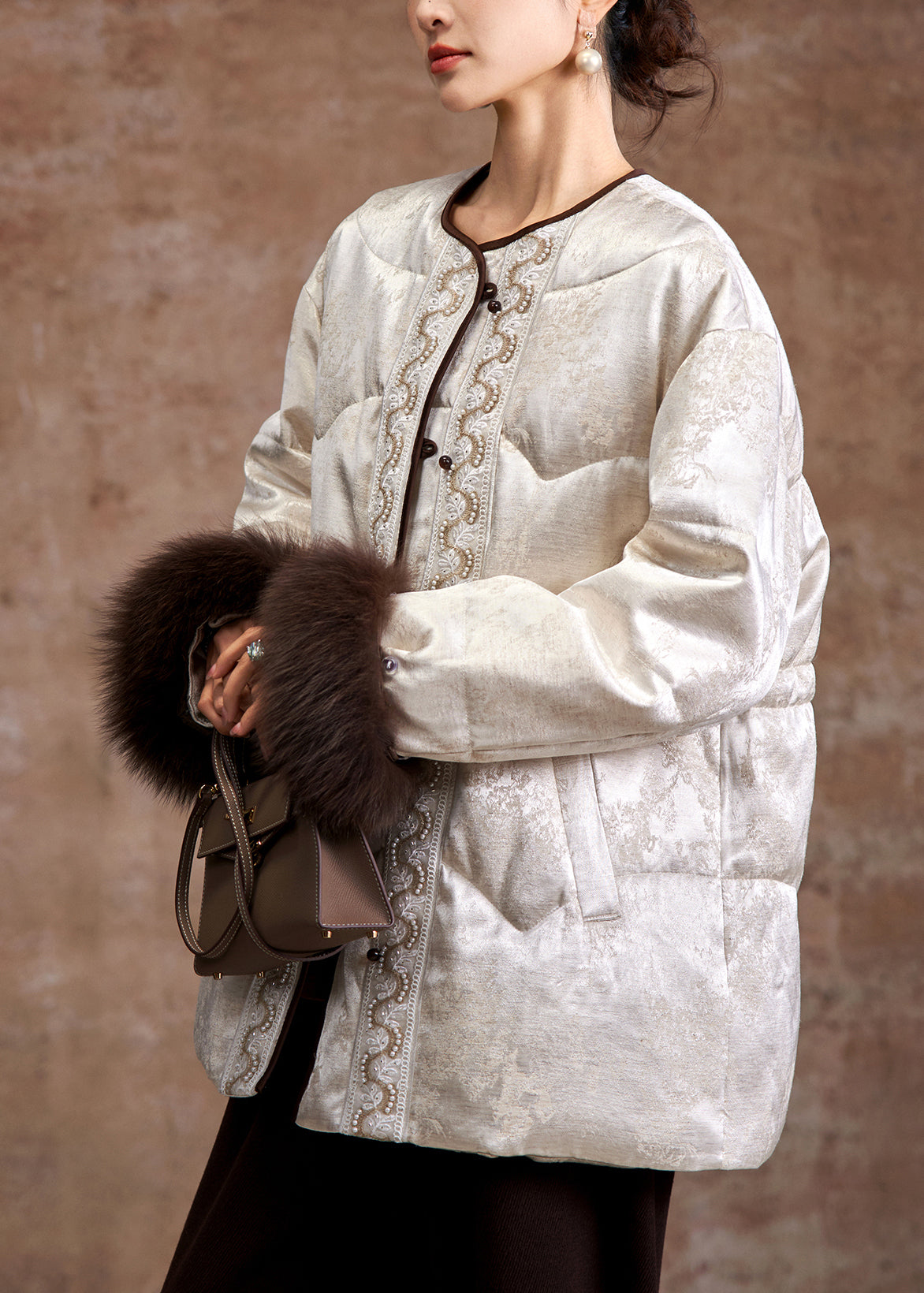 Handmade Beige Embroidered Nail Bead Fox Hair Duck Down Puffer Jacket Winter