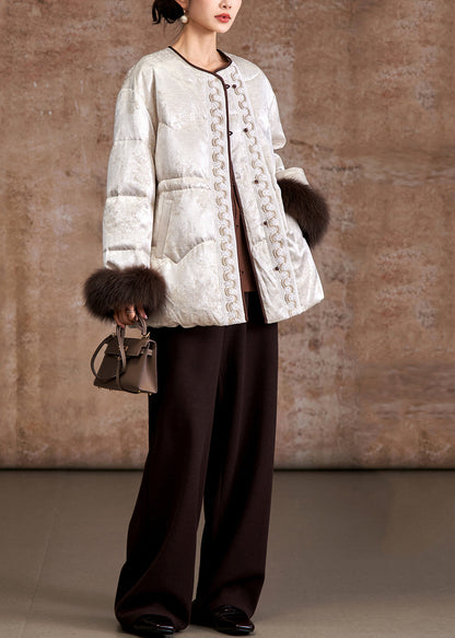 Handmade Beige Embroidered Nail Bead Fox Hair Duck Down Puffer Jacket Winter