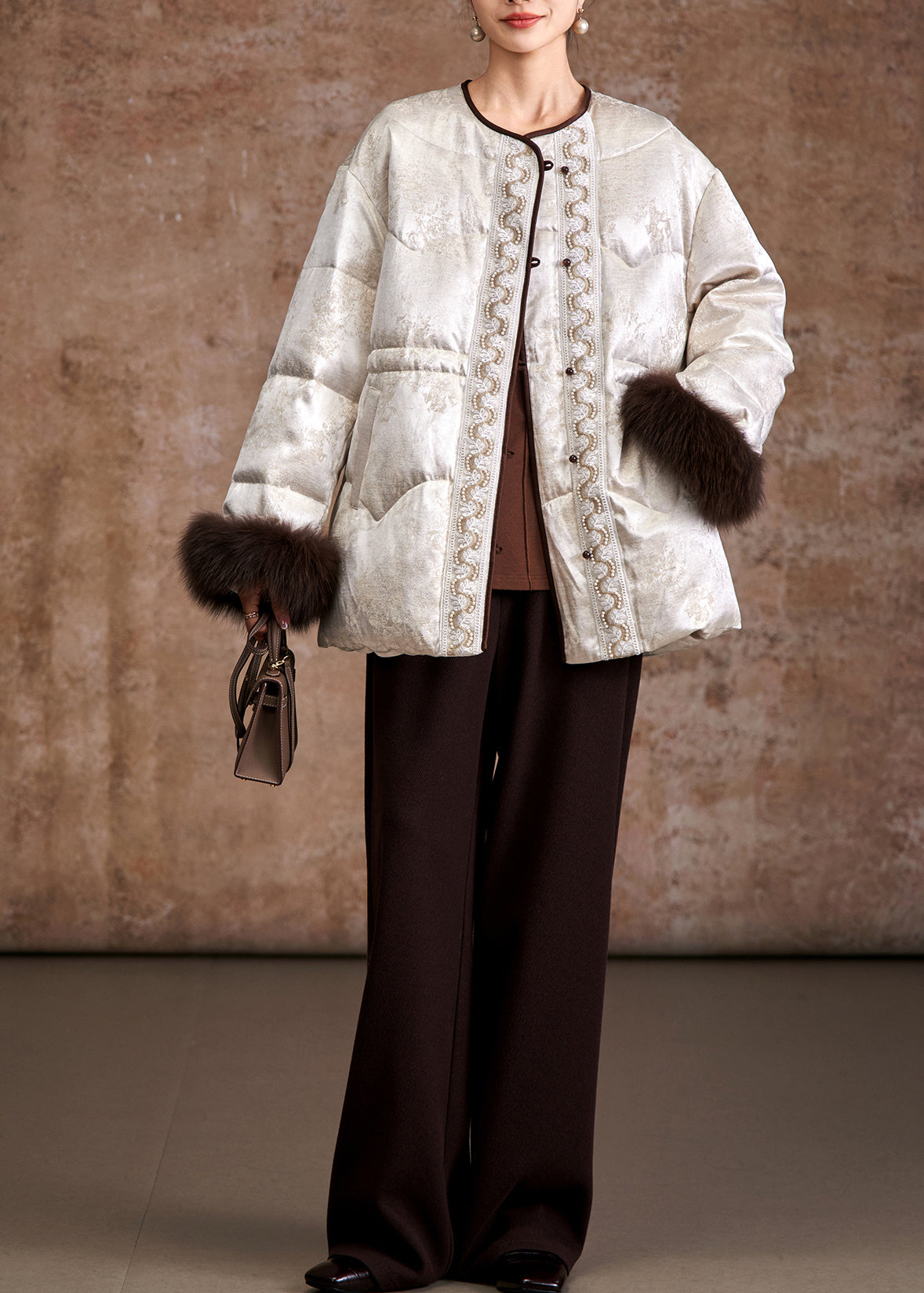 Handmade Beige Embroidered Nail Bead Fox Hair Duck Down Puffer Jacket Winter