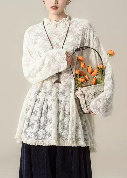 Handmade Beige Embroidered Ruffled Lace Blouses Spring