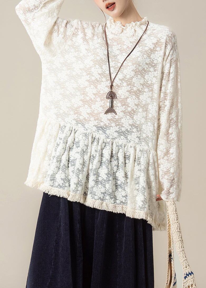 Handmade Beige Embroidered Ruffled Lace Blouses Spring