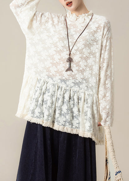 Handmade Beige Embroidered Ruffled Lace Blouses Spring