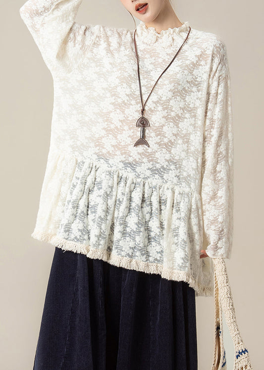 Blusas de encaje con volantes bordadas en beige hechas a mano para primavera