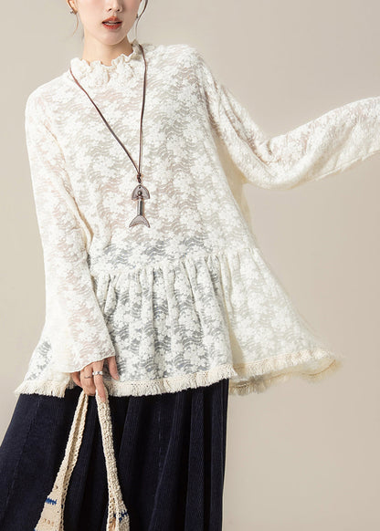 Handmade Beige Embroidered Ruffled Lace Blouses Spring