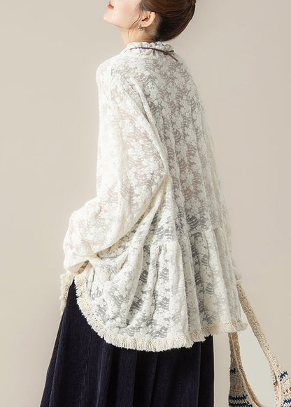 Handmade Beige Embroidered Ruffled Lace Blouses Spring