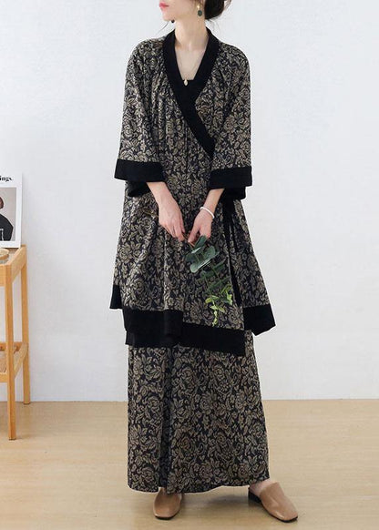 Handmade Beige Floral Patchwork Top Wide Leg Two Pieces Set - SooLinen