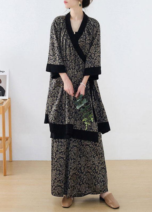 Handmade Beige Floral Patchwork Top Wide Leg Two Pieces Set - SooLinen
