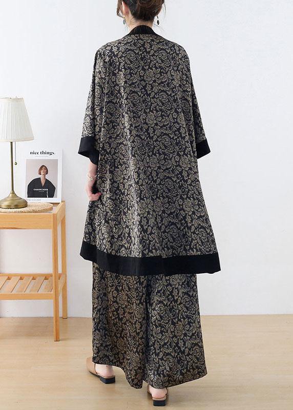 Handmade Beige Floral Patchwork Top Wide Leg Two Pieces Set - SooLinen