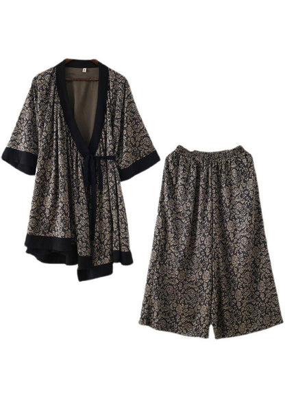 Handmade Beige Floral Patchwork Top Wide Leg Two Pieces Set - SooLinen