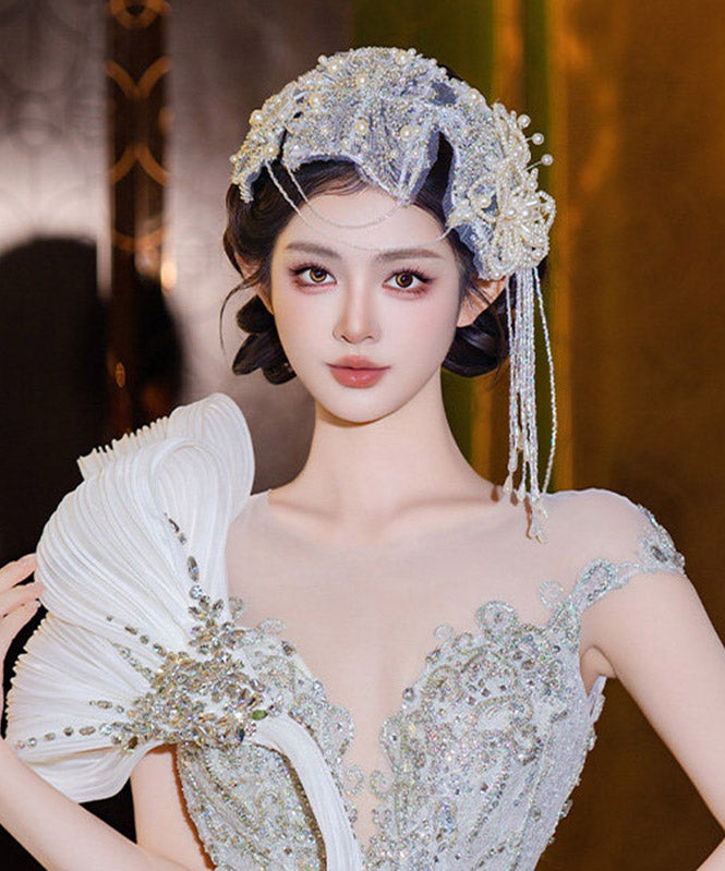 Handmade Beige Lace Floral Pearl Beading Zircon Tassel HairPiece