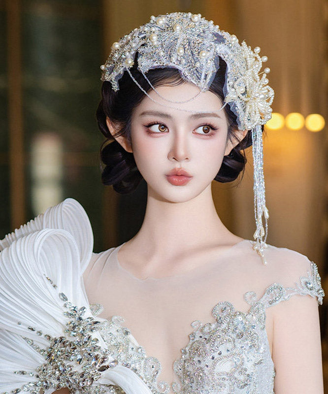 Handmade Beige Lace Floral Pearl Beading Zircon Tassel HairPiece