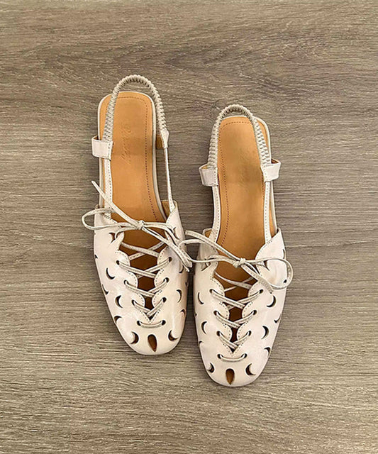 Handmade Beige Lace Up Splicing Hollow Out Sandals