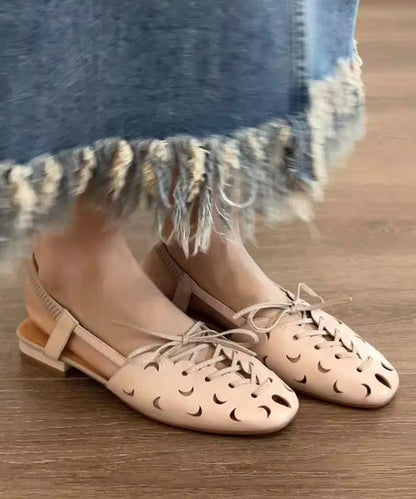 Handmade Beige Lace Up Splicing Hollow Out Sandals