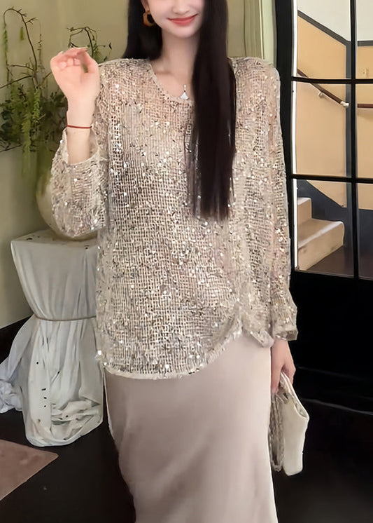 Camiseta de punto con lentejuelas huecas y cuello redondo beige hecha a mano para verano