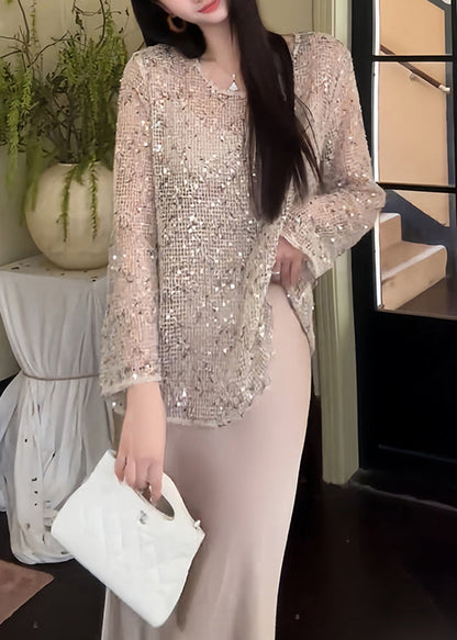 Camiseta de punto con lentejuelas huecas y cuello redondo beige hecha a mano para verano