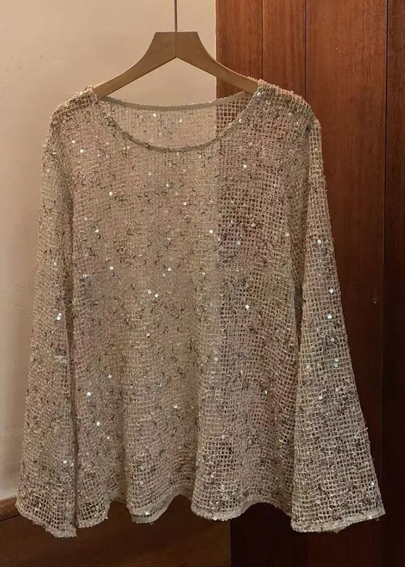 Camiseta de punto con lentejuelas huecas y cuello redondo beige hecha a mano para verano