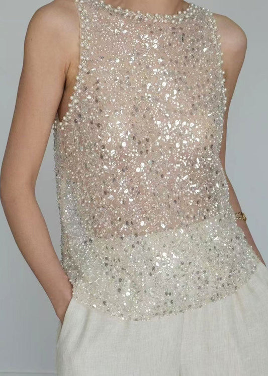 Handmade Beige Sequins Tulle Top Sleeveless